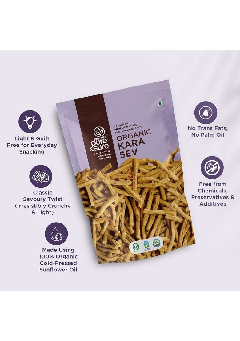 Phalada Pure & Sure Organic Kara Sev 200gm| Delicious Crunchy Namkeen Snacks | Ready to Eat Tea Time Snacks, Cholesterol Free, No Trans Fats, Preservatives| 100gm each (Pack of 2) - Indya