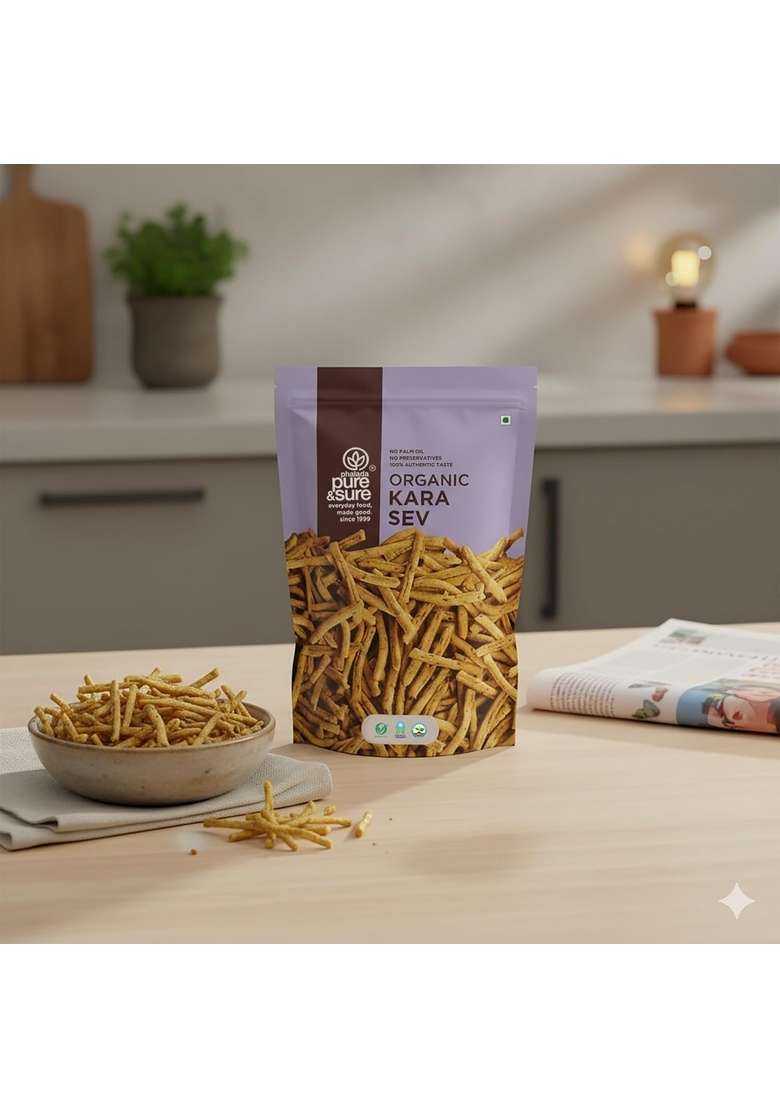 Phalada Pure & Sure Organic Kara Sev 200gm| Delicious Crunchy Namkeen Snacks | Ready to Eat Tea Time Snacks, Cholesterol Free, No Trans Fats, Preservatives| 100gm each (Pack of 2) - Indya