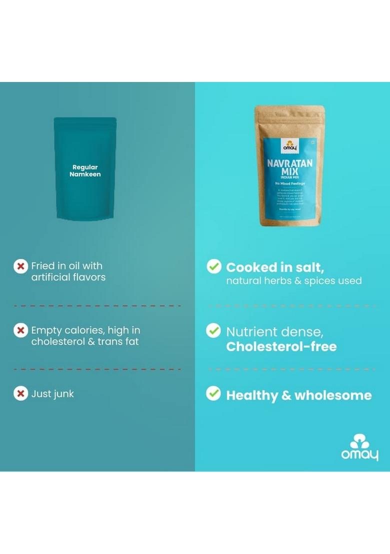 Omay Foods Navratan Mixture, 400g Pouch (Pack of 2) | Healthy Snacks Roasted I 100% Oil-Free Indian Namkeen Late Night Snack Office time Evening Diet for Weight loss Travel