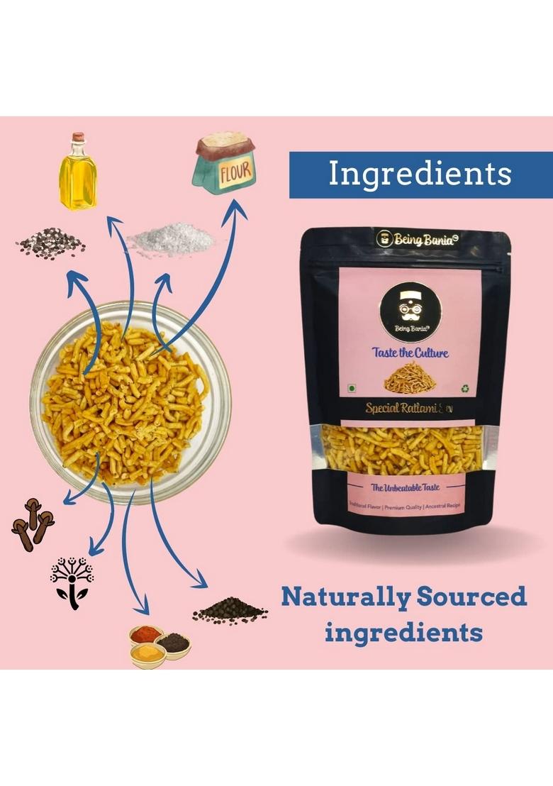 Being Bania Premium Ratlami Sev | No Palmolein Oil Preservatives Fresh Indian Namkeen Tasty Bhujia made in Groundnut 160g Crispy Crunchy Snack