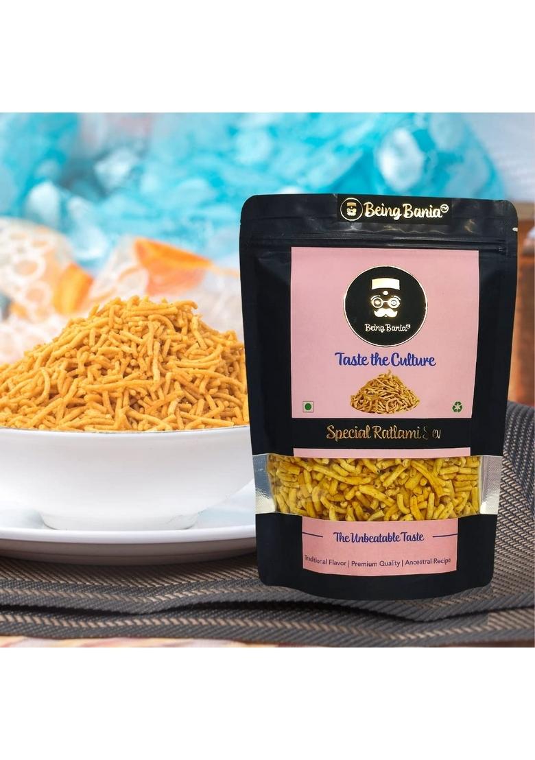 Being Bania Premium Ratlami Sev | No Palmolein Oil Preservatives Fresh Indian Namkeen Tasty Bhujia made in Groundnut 160g Crispy Crunchy Snack