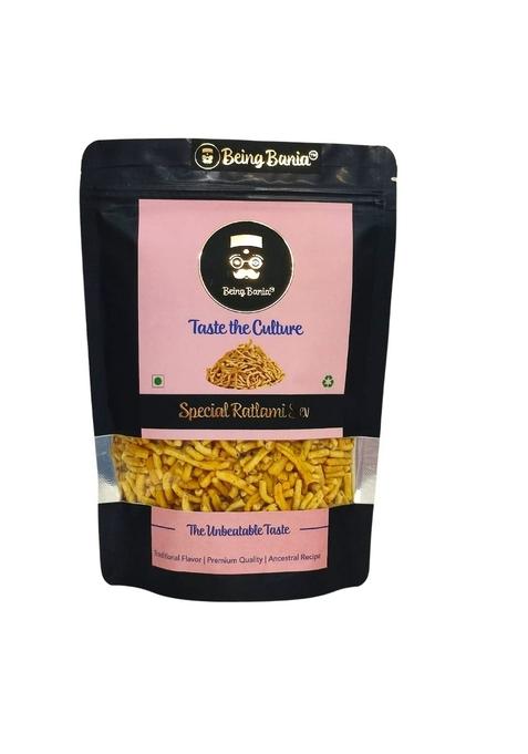 Being Bania Premium Ratlami Sev | No Palmolein Oil Preservatives Fresh Indian Namkeen Tasty Bhujia made in Groundnut 160g Crispy Crunchy Snack