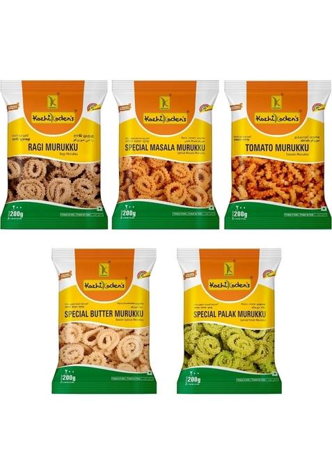 KOZHIKODEN'S Assorted Murukku Combo Pack | 5 Flavors Masala, Tomato, Palak, Ragi & Butter 1 kg (Each 200g) Authentic South Indian Snack Fresh Chakli