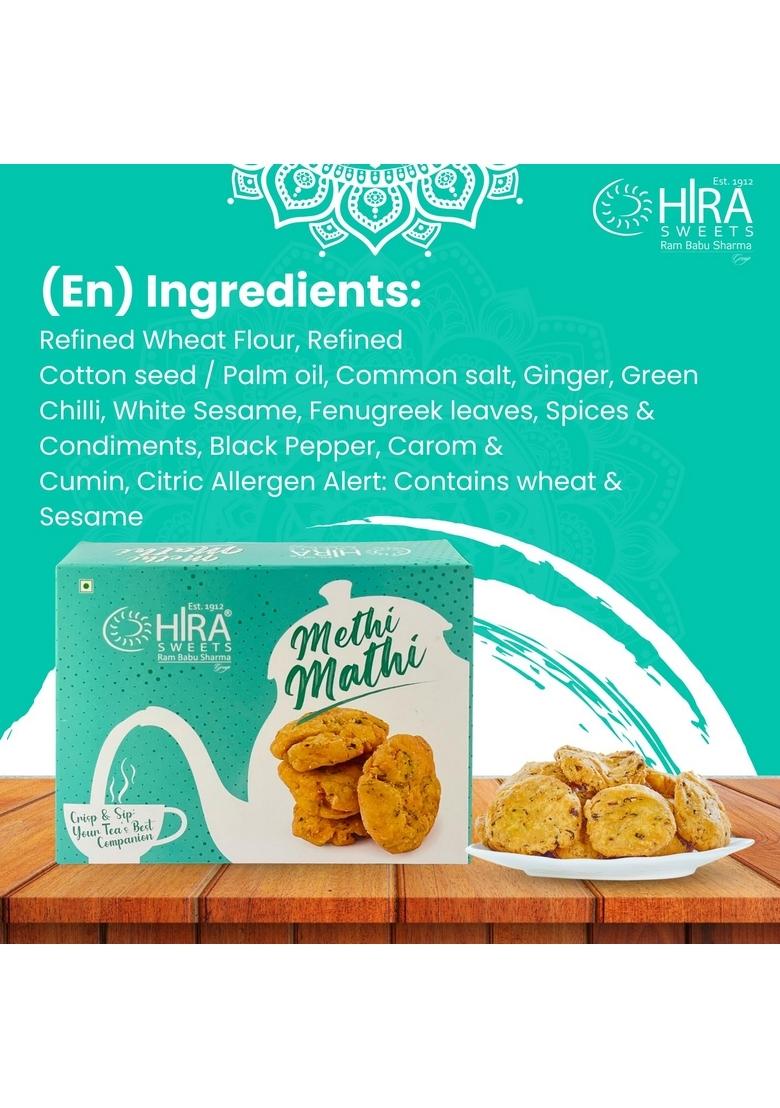 HIRA SWEETS Methi Mathi 400g | khasta Matthi Evening Tea Time Snacks Ready to Eat Crunchy & Tasty Snack Namkeen Savouries Party Indian