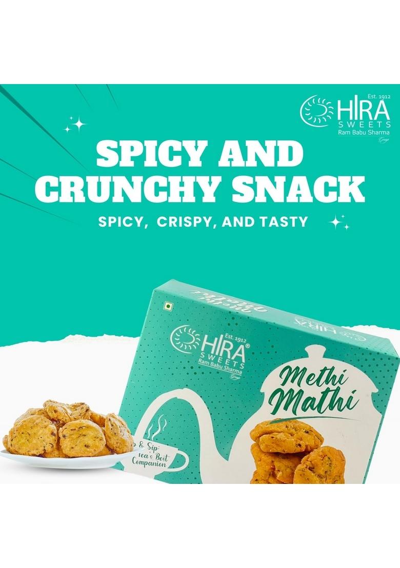 HIRA SWEETS Methi Mathi 400g | khasta Matthi Evening Tea Time Snacks Ready to Eat Crunchy & Tasty Snack Namkeen Savouries Party Indian
