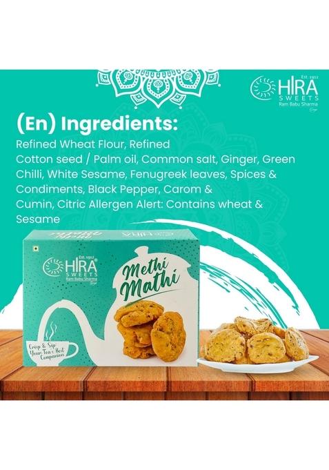 HIRA SWEETS Methi Mathi 400g | khasta Matthi Evening Tea Time Snacks Ready to Eat Crunchy & Tasty Snack Namkeen Savouries Party Indian