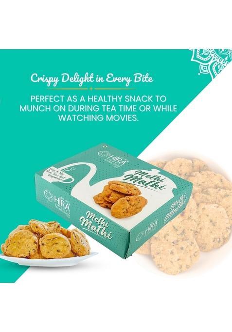 HIRA SWEETS Methi Mathi 400g | khasta Matthi Evening Tea Time Snacks Ready to Eat Crunchy & Tasty Snack Namkeen Savouries Party Indian