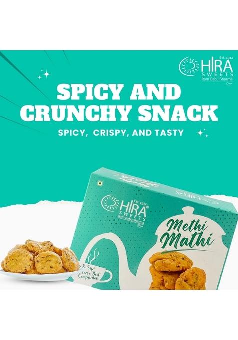 HIRA SWEETS Methi Mathi 400g | khasta Matthi Evening Tea Time Snacks Ready to Eat Crunchy & Tasty Snack Namkeen Savouries Party Indian