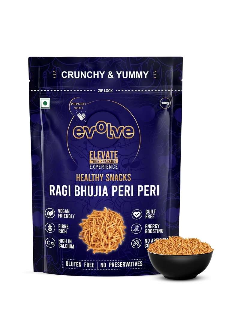 Evolve Ragi Bhujia, Namkeen - Gluten Free, High Fiber, Organic, Fresh Crunchy Snacks, No Palm Oil & Artificial Colors, Ready to Eat, Peri Flavor 100g - Indya