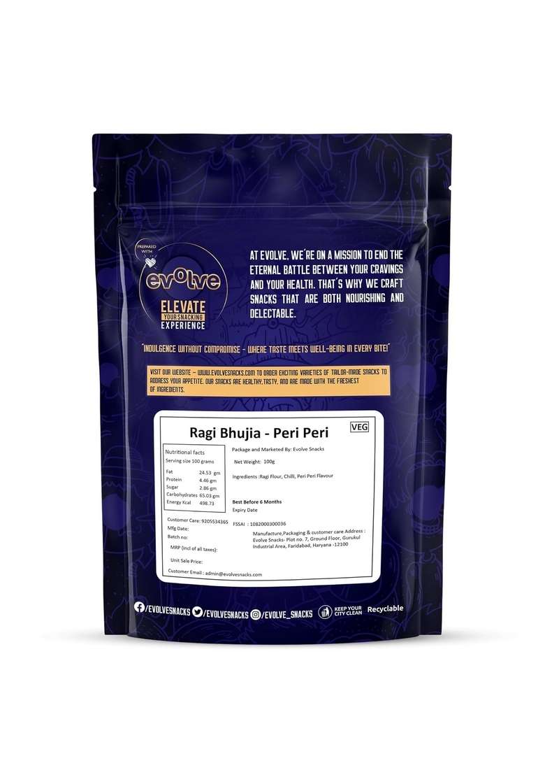 Evolve Ragi Bhujia, Namkeen - Gluten Free, High Fiber, Organic, Fresh Crunchy Snacks, No Palm Oil & Artificial Colors, Ready to Eat, Peri Flavor 100g - Indya