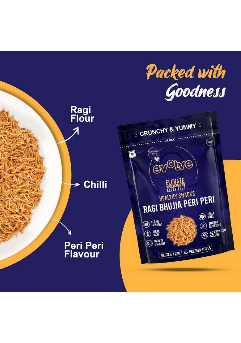 Evolve Ragi Bhujia, Namkeen - Gluten Free, High Fiber, Organic, Fresh Crunchy Snacks, No Palm Oil & Artificial Colors, Ready to Eat, Peri Flavor 100g - Indya