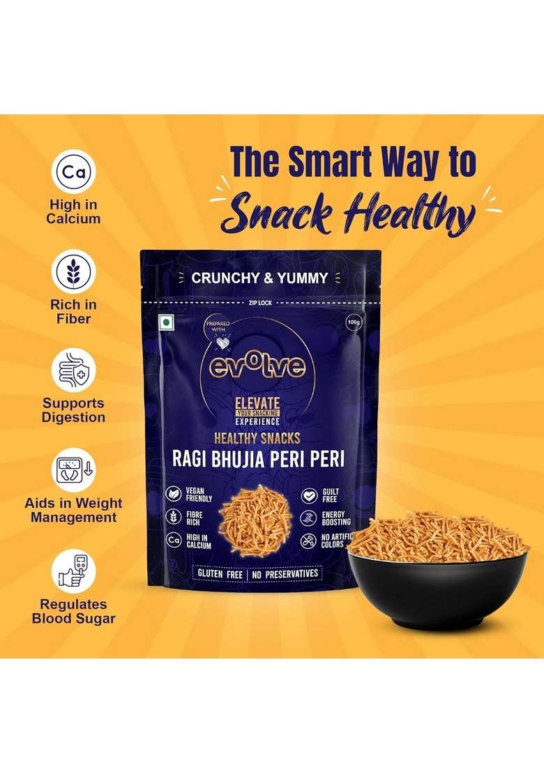 Evolve Ragi Bhujia, Namkeen - Gluten Free, High Fiber, Organic, Fresh Crunchy Snacks, No Palm Oil & Artificial Colors, Ready to Eat, Peri Flavor 100g - Indya
