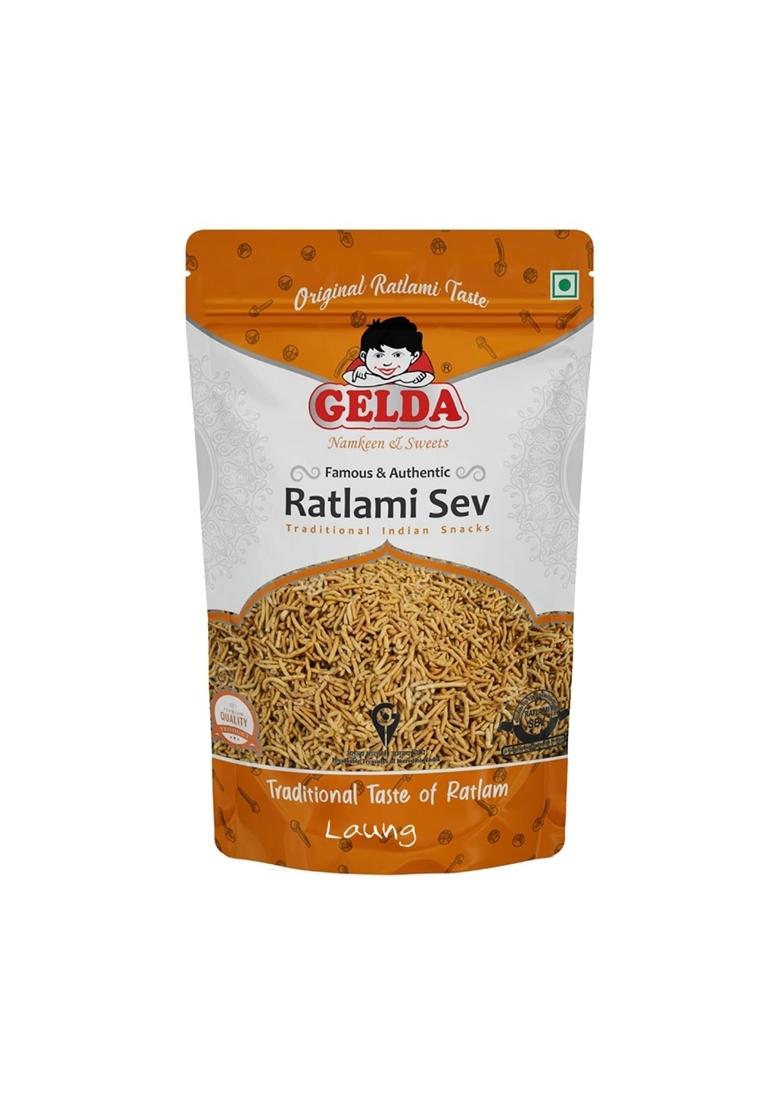 GELDA Ratlami Sev/Garlic Sev/Spicy Laung Sev Trio Authentic Handmade Spicy Namkeen Snacks with Garlic & Flavors | Traditional Crunch Taste of Ratlam (3 Packs 250g Each)