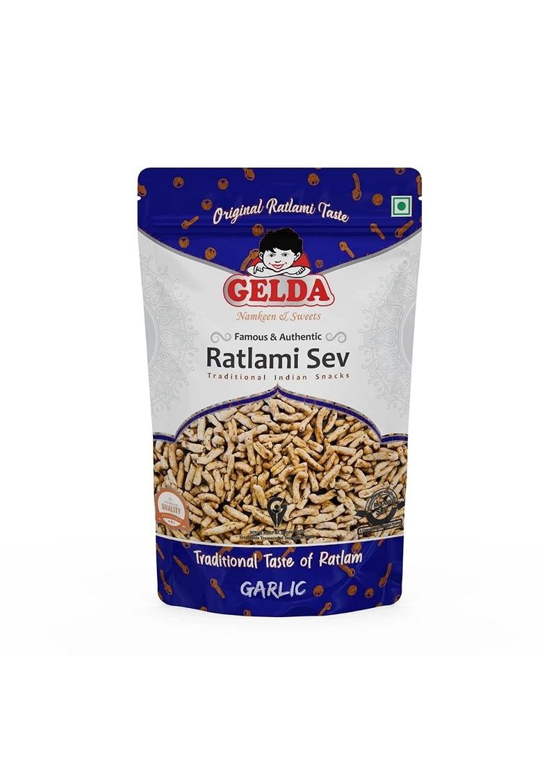 GELDA Ratlami Sev/Garlic Sev/Spicy Laung Sev Trio Authentic Handmade Spicy Namkeen Snacks with Garlic & Flavors | Traditional Crunch Taste of Ratlam (3 Packs 250g Each)