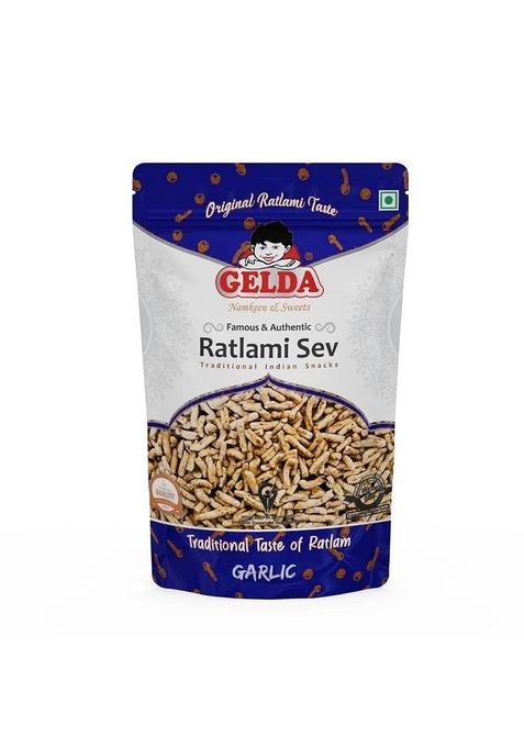 GELDA Ratlami Sev/Garlic Sev/Spicy Laung Sev Trio Authentic Handmade Spicy Namkeen Snacks with Garlic & Flavors | Traditional Crunch Taste of Ratlam (3 Packs 250g Each)
