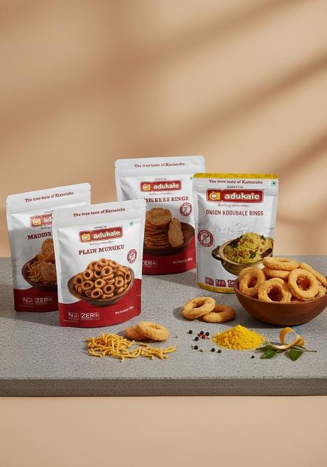 Adukale Snack Superstars Combo | Onion Kodubale, Plain Murukku, Maddur Vade & Lemon Rice Mix Traditional South Indian Snacks No Palm Oil or Preservatives