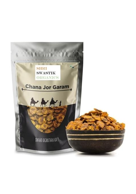 Shri Swastik Organics Roasted Chana Jor Garam | Low Fat Black Namkeen Snack For Diet Jhor Crispy & Healthy 250 Gram
