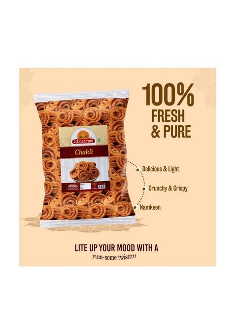 GHOTARAM Organic Chakli Chakoli Murukku Snack | Butter Chakri Delicious Namkeen and Snacks Ready to Eat Snacks, Cholesterol Free, No Trans Fats, Preservatives Chai Tea Chakli-250 * 1Pack