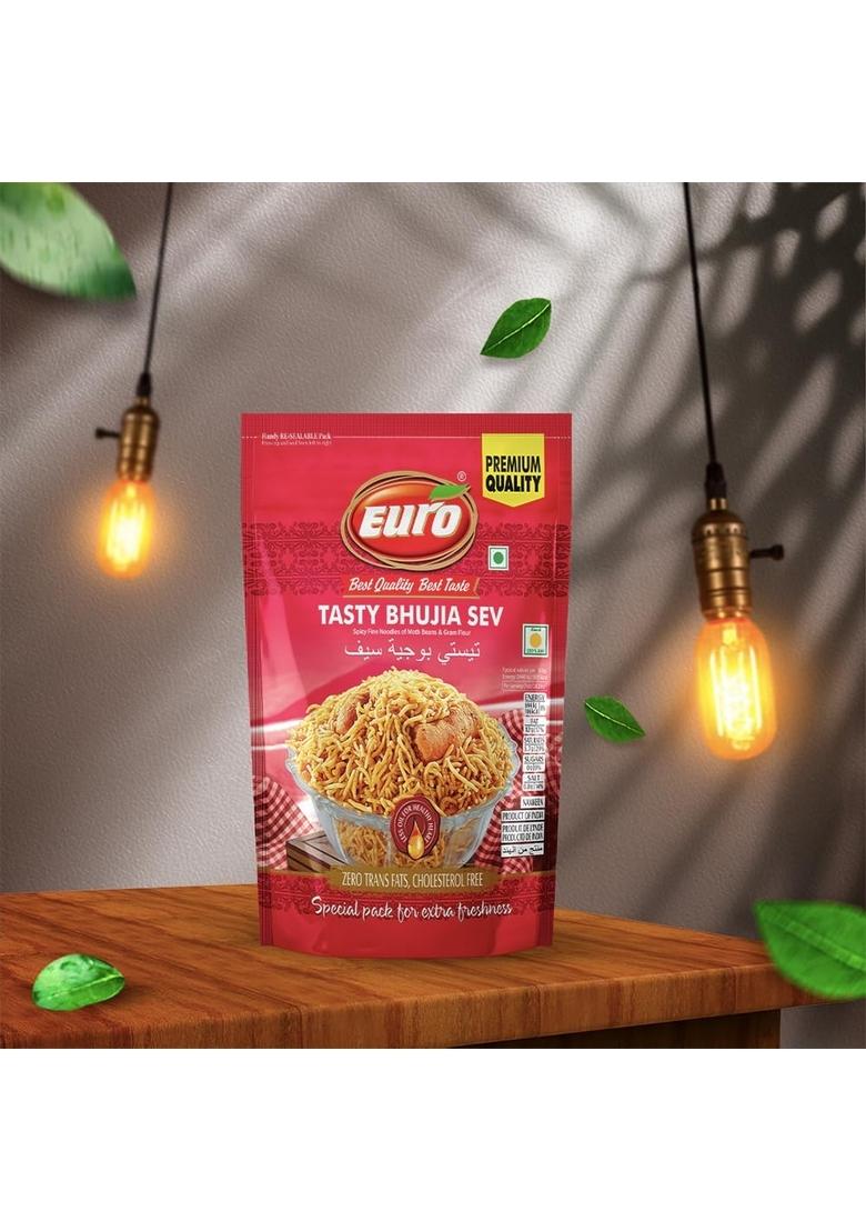 EURO Tasty Bhujia Sev 350gm Pack of 2 | Indian Snacks Spicy Fine Zero Trans Fats, Cholesterol Free Vegan & Guilt-Free Less oil Ready to Eat