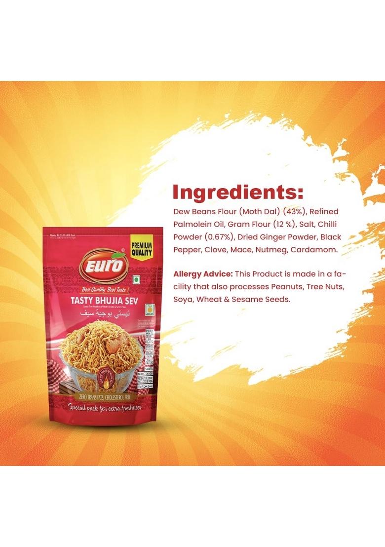 EURO Tasty Bhujia Sev 350gm Pack of 2 | Indian Snacks Spicy Fine Zero Trans Fats, Cholesterol Free Vegan & Guilt-Free Less oil Ready to Eat