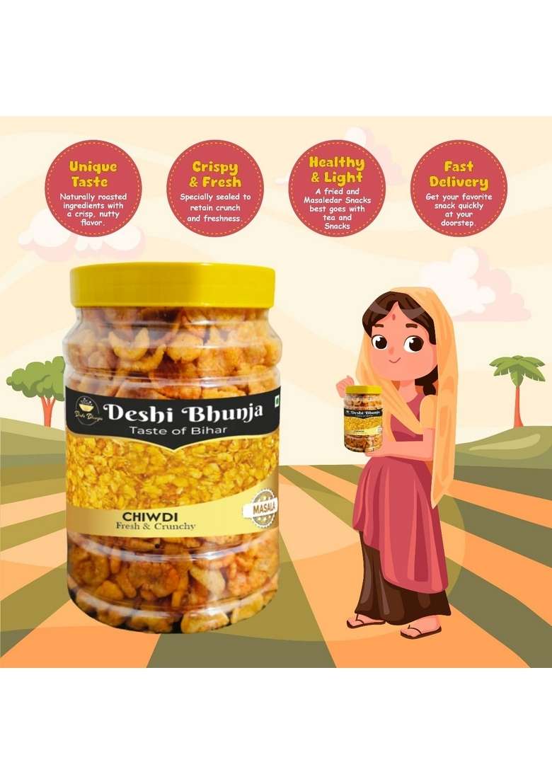 Deshi Bhunja Bhuja Special Masala Chiwadi Homemade Chiwdi Original Taste of Bihar | Organic Namkeen Healthy Indian Snacks Crispy & Fresh Snack (300gm) (400 GM) - Indya