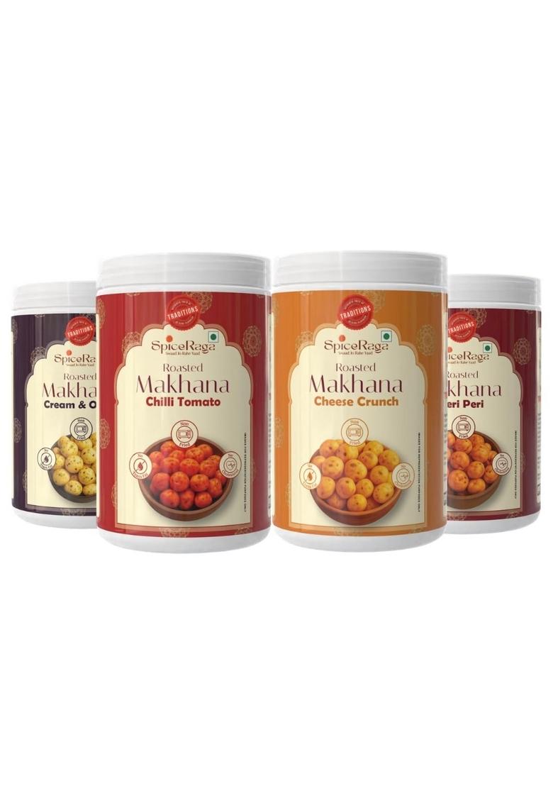 SPICERAGA Healthy Makhana Combo (70g x 4) Total 280g | Cream & Onion Cheese Crunch Peri Chilli Tomato No Palm oil Trans Fat Preservatives snack Pack of 4 Fox Nut Roasted (Makhana