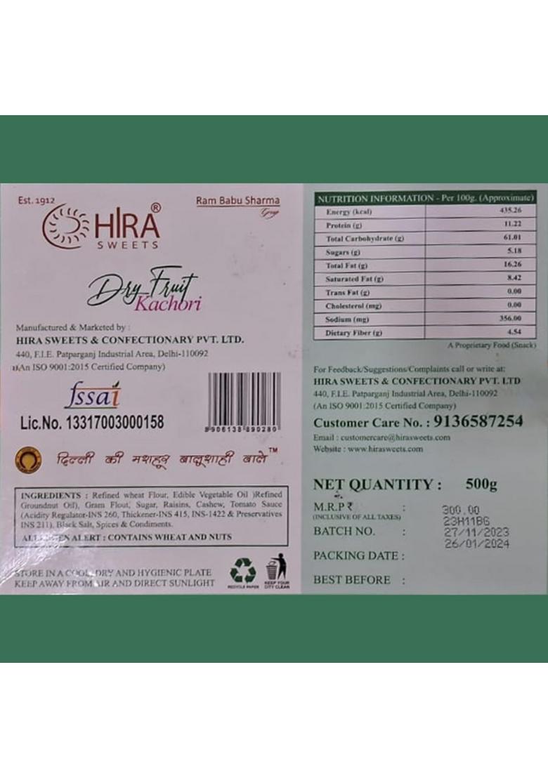 HIRA SWEETS Dry Fruit Kachori 500g | Sweet and Spicy Stuffed Snack With Deliciousness & Real Fruits Crispy Crunchy Ready to Eat Indian Festival Snacks Gift Pack