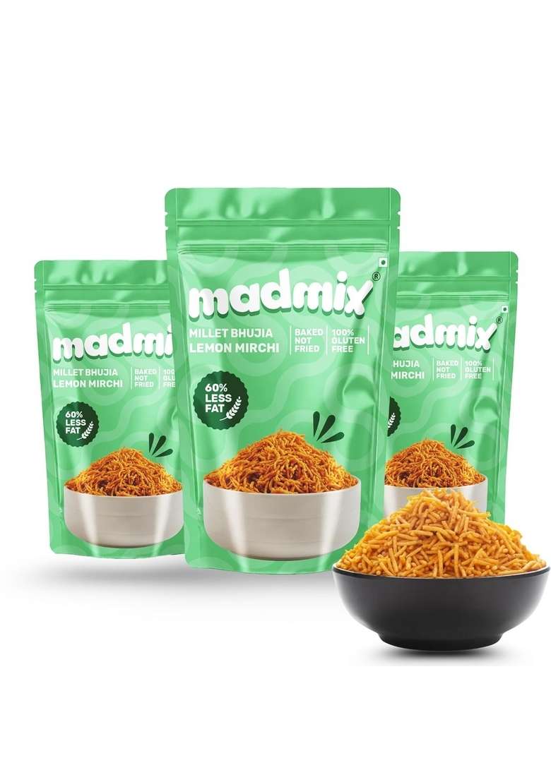 Madmix Lemon Mirchi Bhujia |100% Baked | 60% Less Fat Gluten-Free & Vegan Snack Diabetics Snack|Snacks for tiffin|Namkeen|Lemon Flavour-135g x 3 - Indya