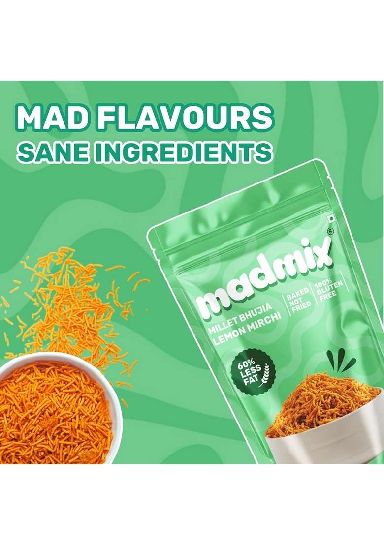 Madmix Lemon Mirchi Bhujia |100% Baked | 60% Less Fat Gluten-Free & Vegan Snack Diabetics Snack|Snacks for tiffin|Namkeen|Lemon Flavour-135g x 3 - Indya