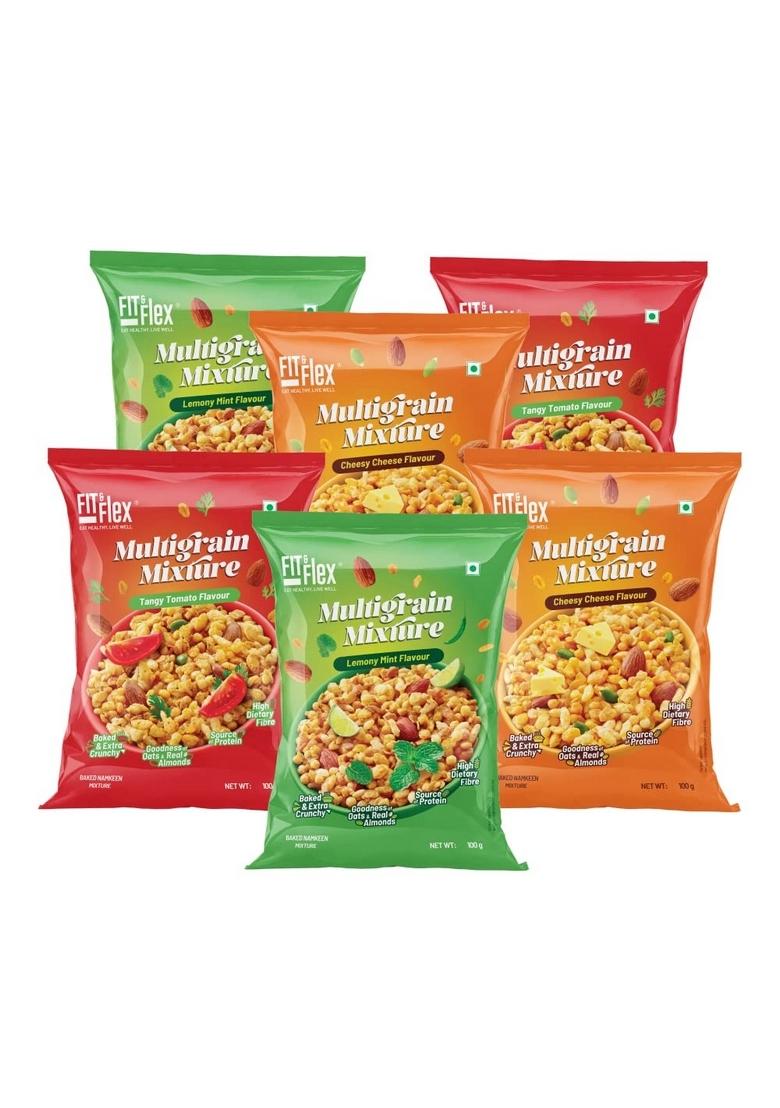 FIT & FLEX Baked Multigrain Lemony Mint, Tangy Tomato Cheesy Cheese Namkeen Mixture, Healthy Snacks With Zero Cholesterol, Tasty Party