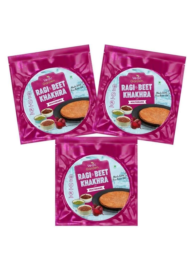 Vedic Garden Ragi & Beetroot Multigrain Khakhra | 100% Roasted No Palm Oil Healthy Diet Snack for Weight Loss High Protein Fibre Crispy Indian Namkeen - 180 GM X Pack of 3 - Indya