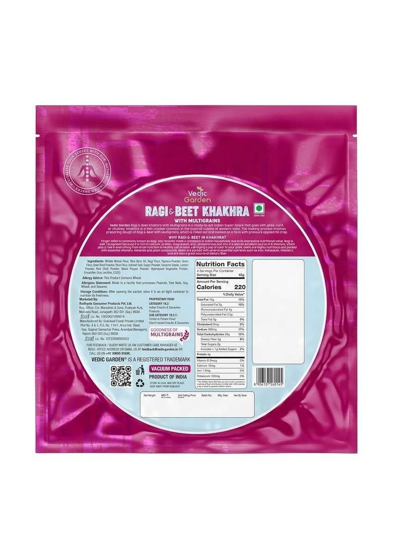 Vedic Garden Ragi & Beetroot Multigrain Khakhra | 100% Roasted No Palm Oil Healthy Diet Snack for Weight Loss High Protein Fibre Crispy Indian Namkeen - 180 GM X Pack of 3 - Indya