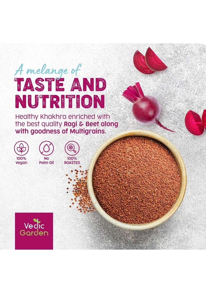Vedic Garden Ragi & Beetroot Multigrain Khakhra | 100% Roasted No Palm Oil Healthy Diet Snack for Weight Loss High Protein Fibre Crispy Indian Namkeen - 180 GM X Pack of 3 - Indya