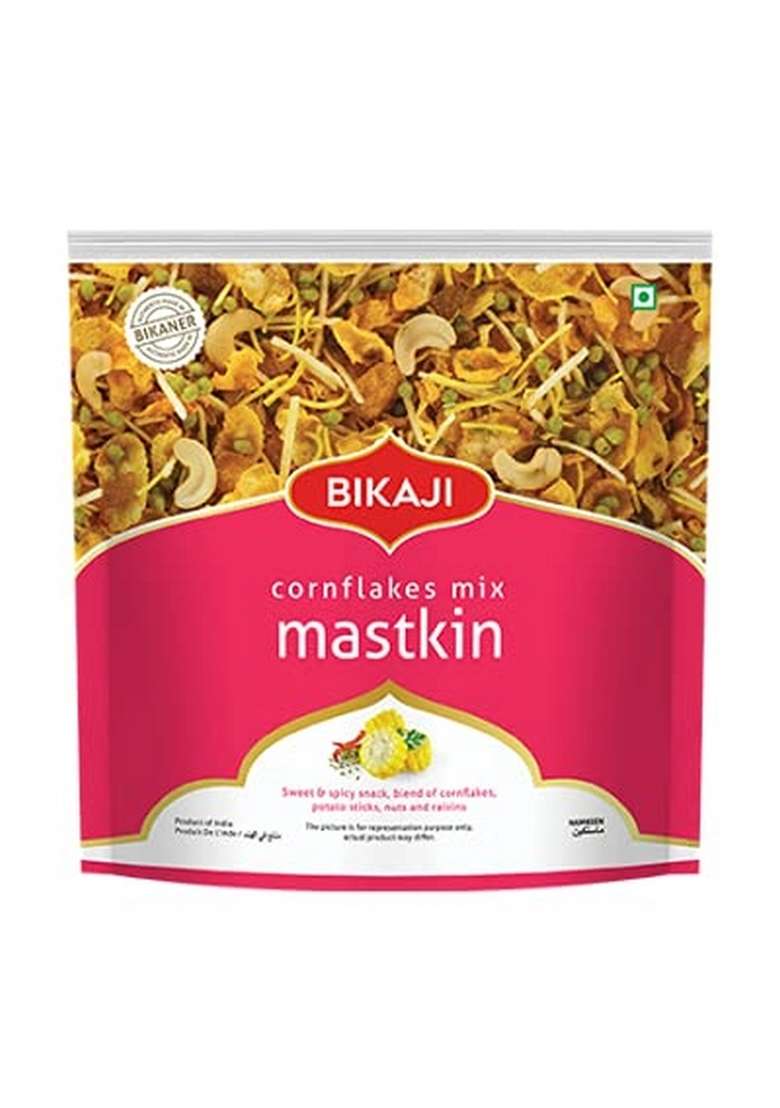 Bikaji Cornflakes Mix Mastkin with cashew crunchy fried potato sticks almond and raisins snack mixture 350 grm (pack of 1pcs) 100% veg product - Indya