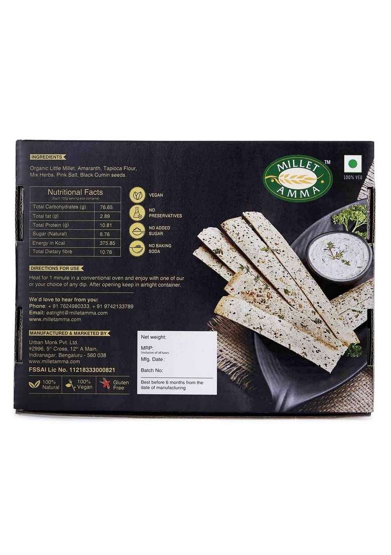 MILLET AMMA CERTIFIED Lavash Gluten Free - 150 Gms Pack | 72% Content Ready to Eat Best Choice for Snack Time, Parties & Events Healthy Snacks - Indya