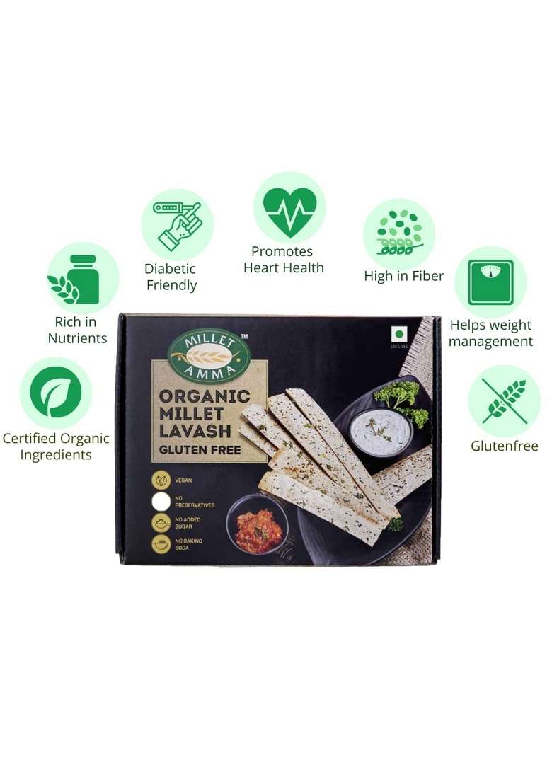 MILLET AMMA CERTIFIED Lavash Gluten Free - 150 Gms Pack | 72% Content Ready to Eat Best Choice for Snack Time, Parties & Events Healthy Snacks - Indya