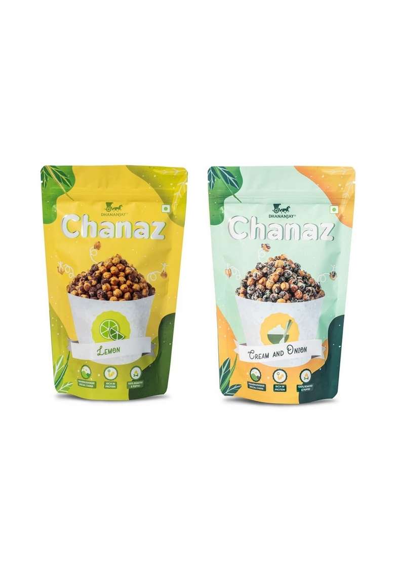 DHANANJAY Roasted Flavoured Mahabaleshwar Chana (Chickpeas) | Gluten Free Rich in Protein 100% and Puffed Pack of 2 (Lemon 160g & Cream n Onion 160g) - 160gm + 20gm extra - Indya