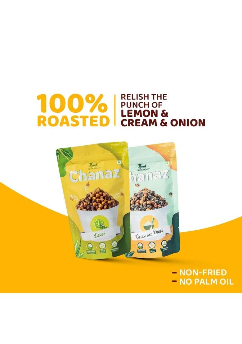 DHANANJAY Roasted Flavoured Mahabaleshwar Chana (Chickpeas) | Gluten Free Rich in Protein 100% and Puffed Pack of 2 (Lemon 160g & Cream n Onion 160g) - 160gm + 20gm extra - Indya