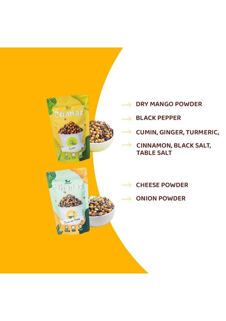 DHANANJAY Roasted Flavoured Mahabaleshwar Chana (Chickpeas) | Gluten Free Rich in Protein 100% and Puffed Pack of 2 (Lemon 160g & Cream n Onion 160g) - 160gm + 20gm extra - Indya