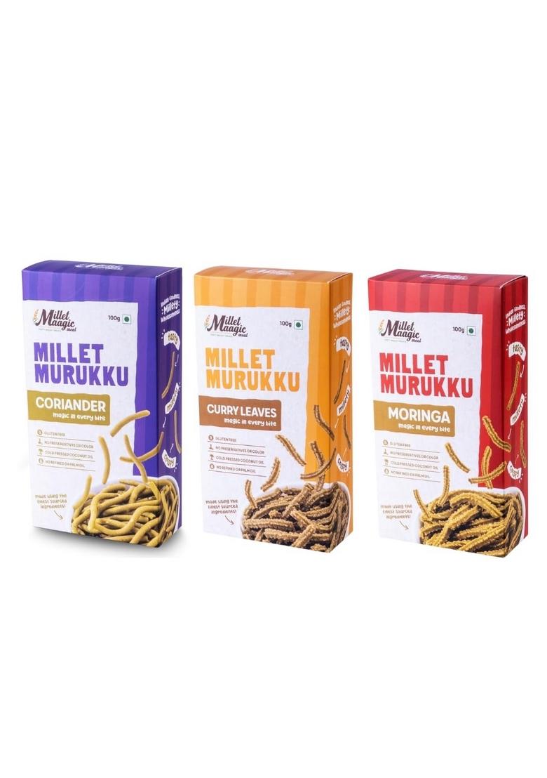 MILLET MAAGIC MEAL TASTY TREATS Assorted Murukku Green Combo Pack- 100g (Pack of 3) | Moringa,Curry Leaves & Coriander Chakli Snacks for Kids Gluten-Free Snack Made with Cold-Pressed Oil