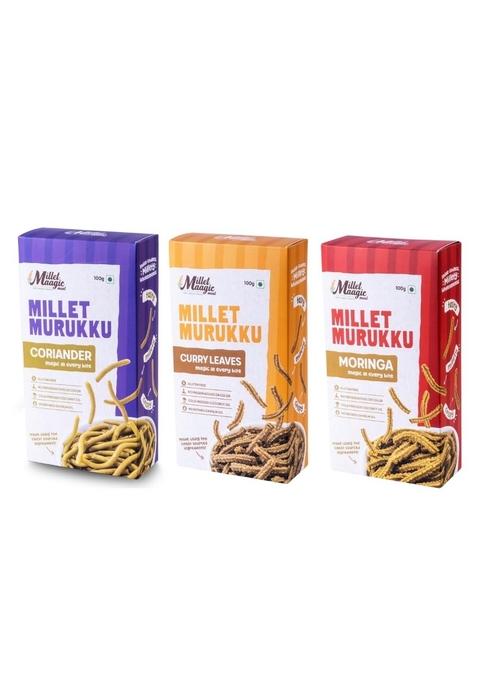 MILLET MAAGIC MEAL TASTY TREATS Assorted Murukku Green Combo Pack- 100g (Pack of 3) | Moringa,Curry Leaves & Coriander Chakli Snacks for Kids Gluten-Free Snack Made with Cold-Pressed Oil
