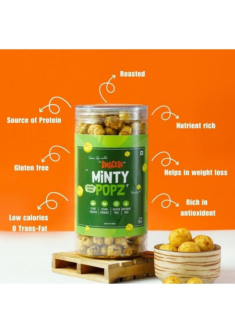 SNACKEE MINTY POPZ, 90g | Roasted Pudina Makhana Healthy Crunchy Fox Nuts Gluten-Free, Vegan Snack Low Calorie Travel & Tea Time