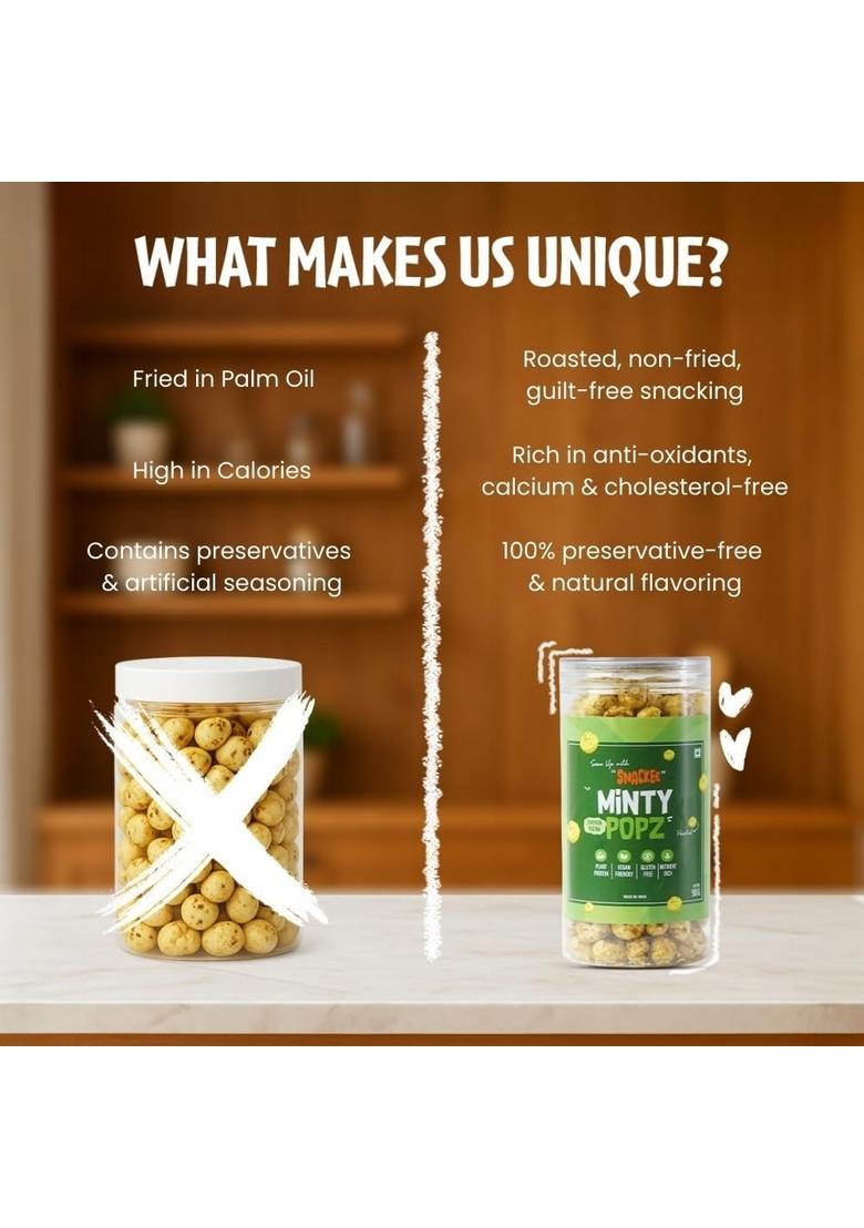 SNACKEE MINTY POPZ, 90g | Roasted Pudina Makhana Healthy Crunchy Fox Nuts Gluten-Free, Vegan Snack Low Calorie Travel & Tea Time
