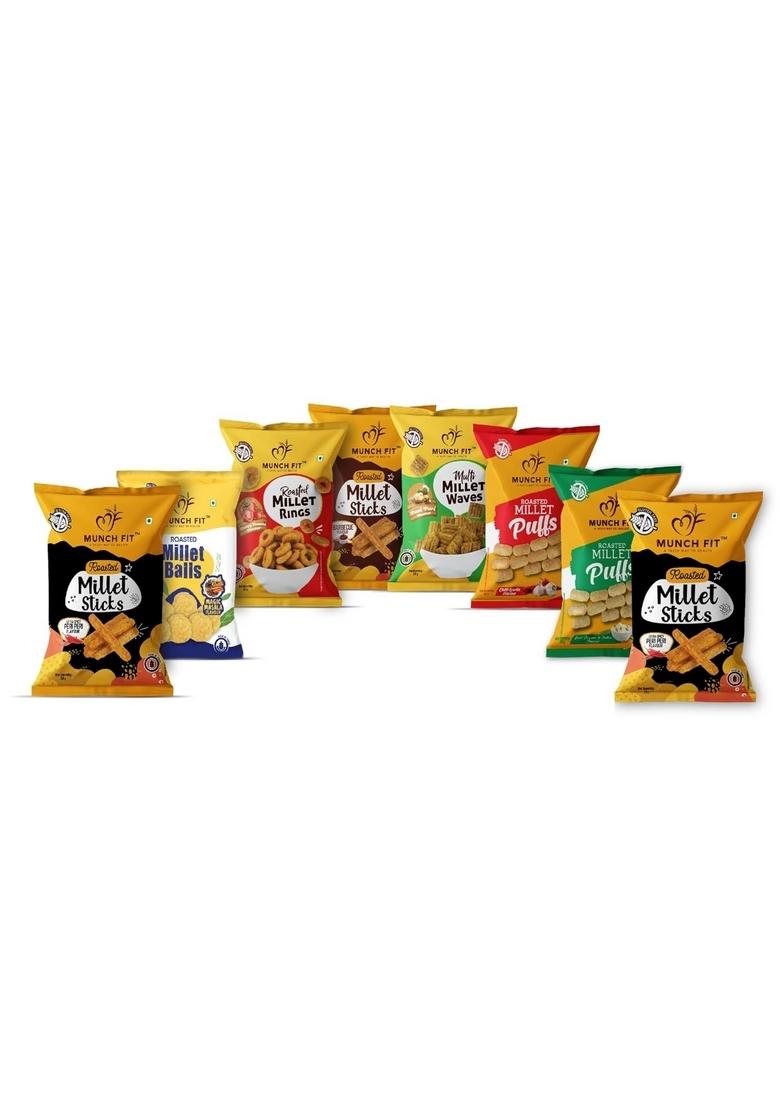 Munch Fit Healthy Roasted Combo of 8 Varieties Millet Snacks | Magic Masala, Tangy Tomato,Cream Onion, Chilli Garlic Pani Puri, Barbeque & 2x Peri Flavour Pack 1x50g each