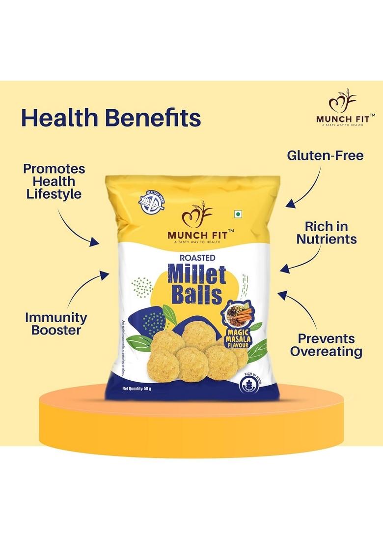 Munch Fit Healthy Roasted Combo of 8 Varieties Millet Snacks | Magic Masala, Tangy Tomato,Cream Onion, Chilli Garlic Pani Puri, Barbeque & 2x Peri Flavour Pack 1x50g each