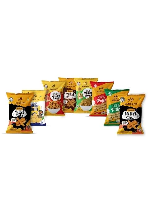 Munch Fit Healthy Roasted Combo of 8 Varieties Millet Snacks | Magic Masala, Tangy Tomato,Cream Onion, Chilli Garlic Pani Puri, Barbeque & 2x Peri Flavour Pack 1x50g each