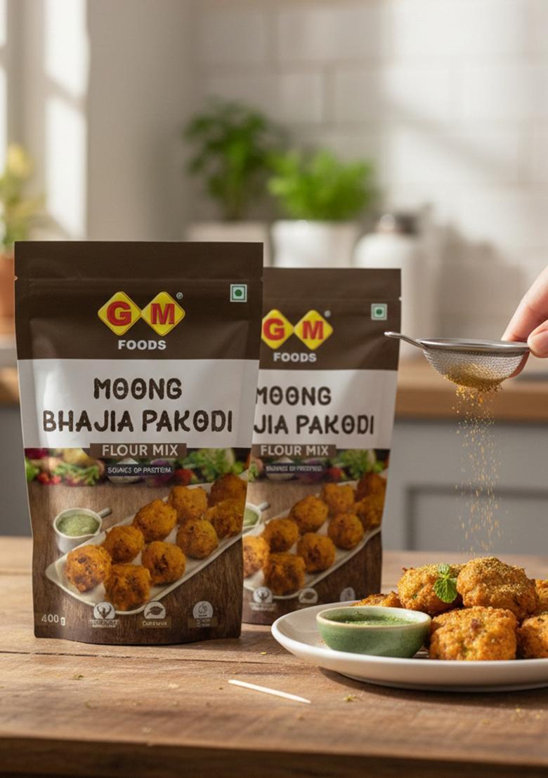 GM FOODS Moong Dal Pakodi 400g (Pack of 2) | Instant Bhajia & Mix for Breakfast Crispy, Crunchy Spicy Indian Snack Ready to Cook Made with Natural Ingredients No Preservatives