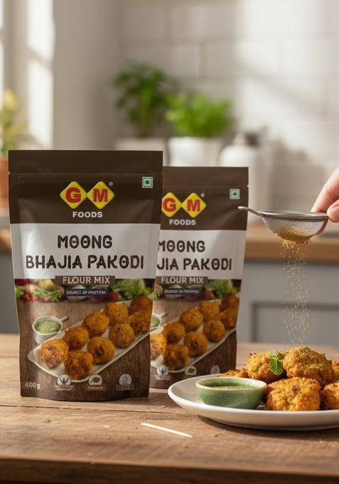GM FOODS Moong Dal Pakodi 400g (Pack of 2) | Instant Bhajia & Mix for Breakfast Crispy, Crunchy Spicy Indian Snack Ready to Cook Made with Natural Ingredients No Preservatives