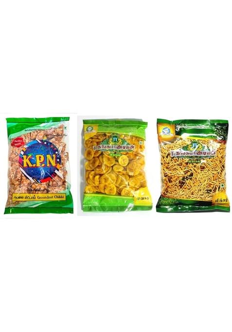 Thangapandiyan Thoothukudi Big Mixture 250gm + TT Nendhram Chips 250g Kovilpatti KPN Kadalai Mittai (Chikki Candy) 200gm - Pack of 3