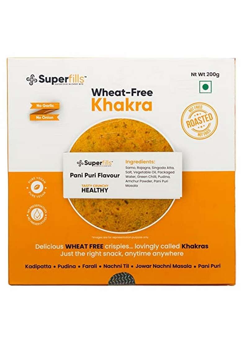 Superfills Wheat-Free Panipuri Khakra - 200gm | Diet Snack for Weight Loss Ready to Eat, Roasted Traditional Gujarati Handmade No Garlic & Onion Perfect Chai Time (Pack of 1) - Indya